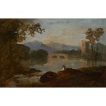 Follower of Richard Wilson, RA,  British 1714-1782-  An Italianate landscape with a man fishing,...