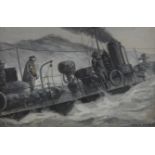 Frederick T. Jane,  British 1865-1916-  Warship '79' in stormy seas;  bodycolour heightened wit...