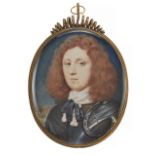 John Hoskins the Younger,  English 1620s-after 1703-  A portrait miniature of a young gentleman,...