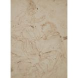 Follower of Luca Giordano,  Italian 1634-1705-  Saint Francis in meditation;  red chalk, pen an...