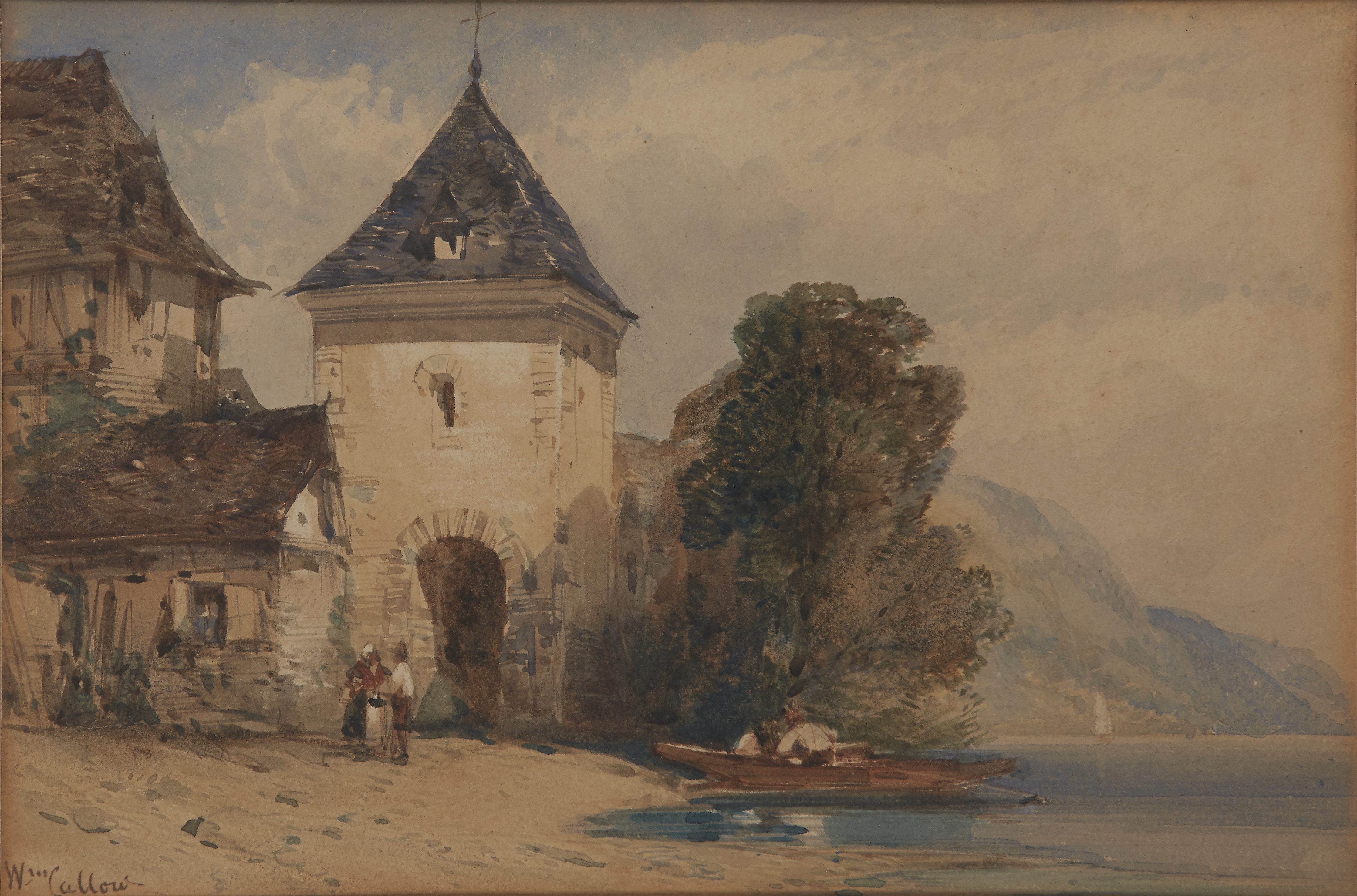 William Callow, RWS,  British 1812-1908-  The edge of a town on an alpine lake, with boats and f...