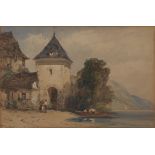 William Callow, RWS,  British 1812-1908-  The edge of a town on an alpine lake, with boats and f...