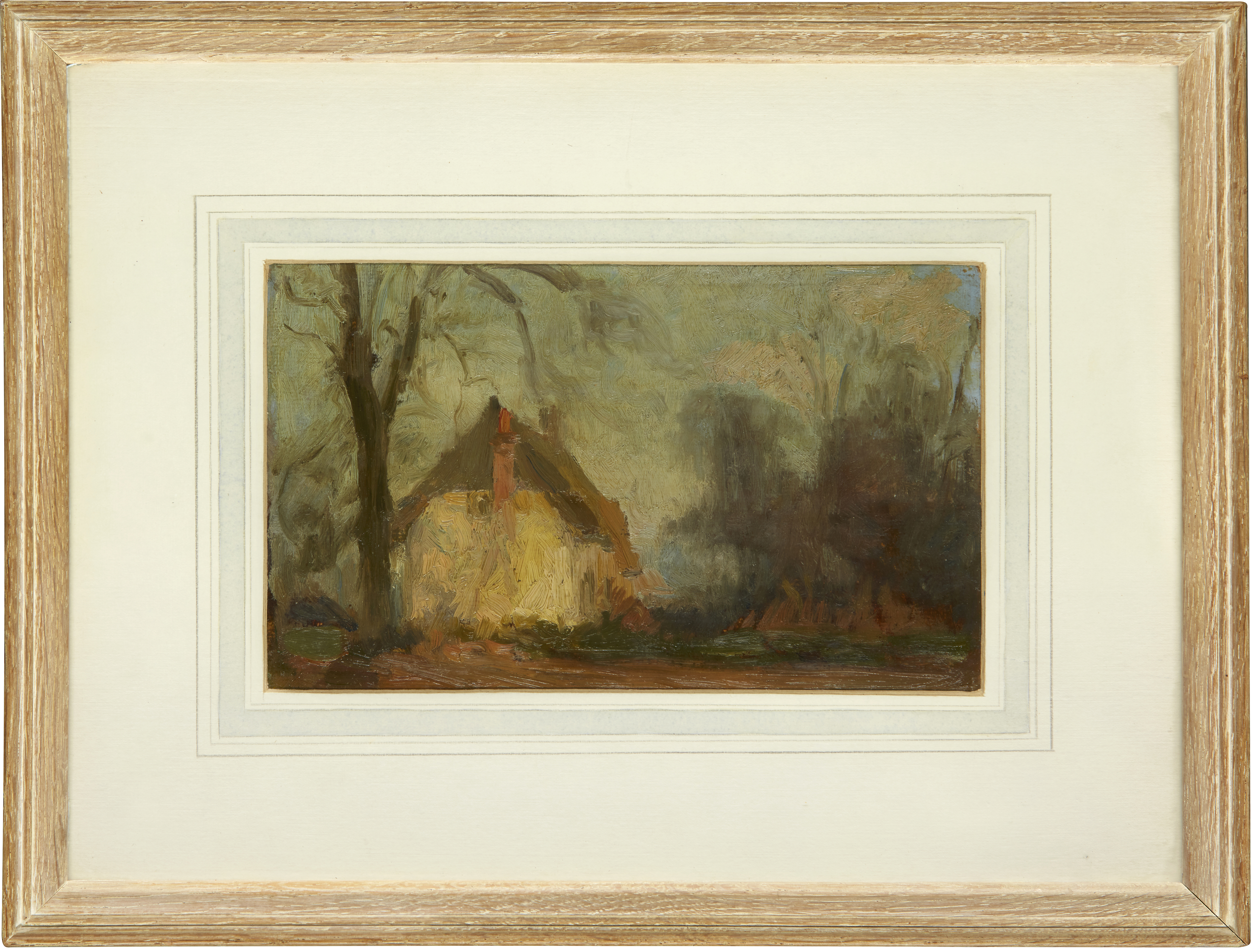 British Impressionist School,  late 19th century-  Evening view with a cottage in a wood;  oil ... - Image 2 of 3