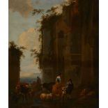 Circle of Nicolaes Berchem,  Dutch 1620-1683-  Ruins in Italy;  oil on panel, cradled, bears si...