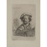 Rembrandt Harmenszoon van Rijn,  Dutch 1606-1669-  Self-portrait in a flat cap and embroidered ...