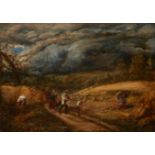 Attributed to John Linnell,  British 1792-1882-  Harvesting in a stormy landscape;  oil on canv...