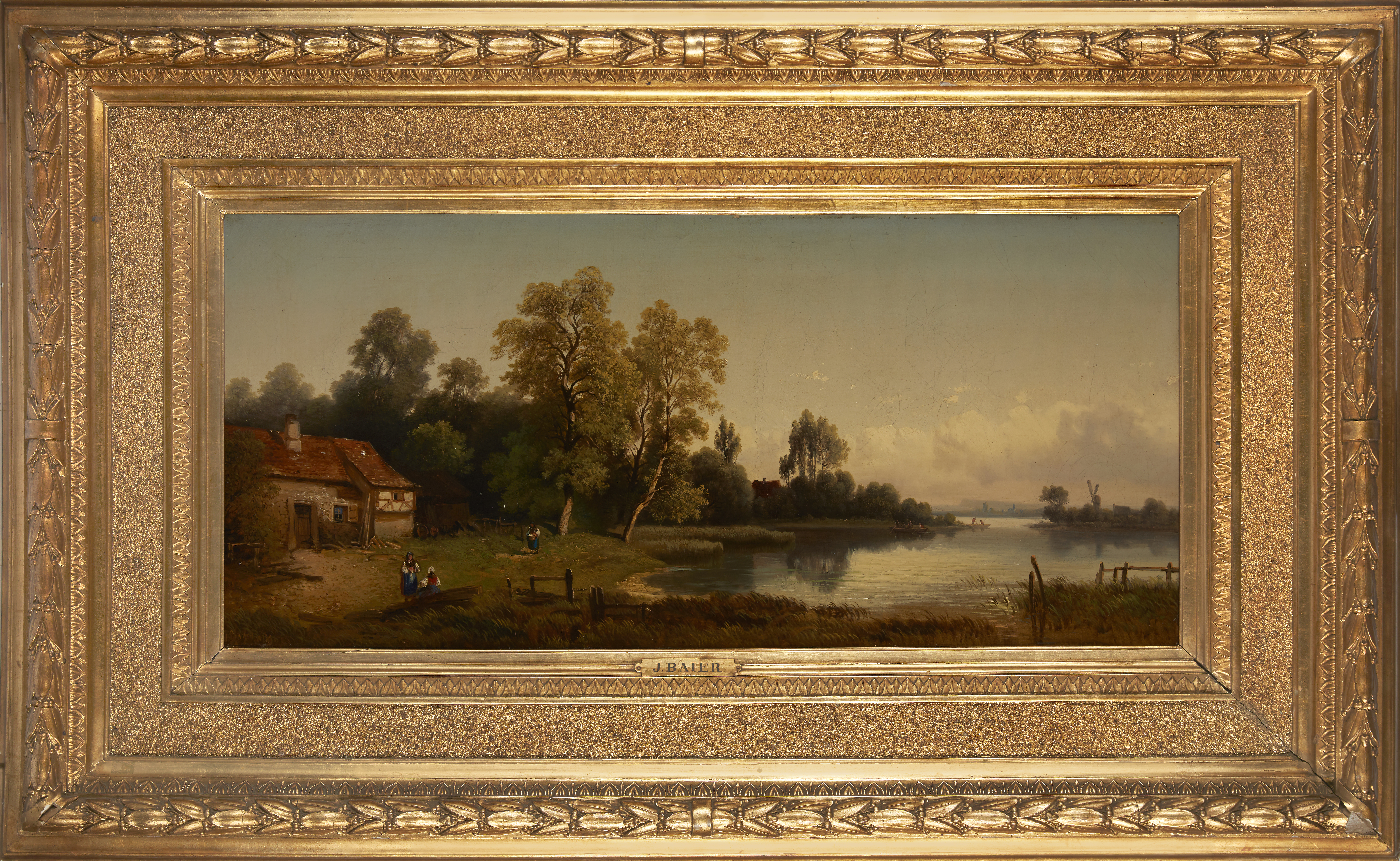 Julius Bayer,  German 1840-1883-  A river landscape with figures by a cottage;  oil on canvas, ... - Image 2 of 3