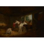 George Morland,  British 1763-1804-  Farmers with workhorses in a stable;  oil on canvas, signe...