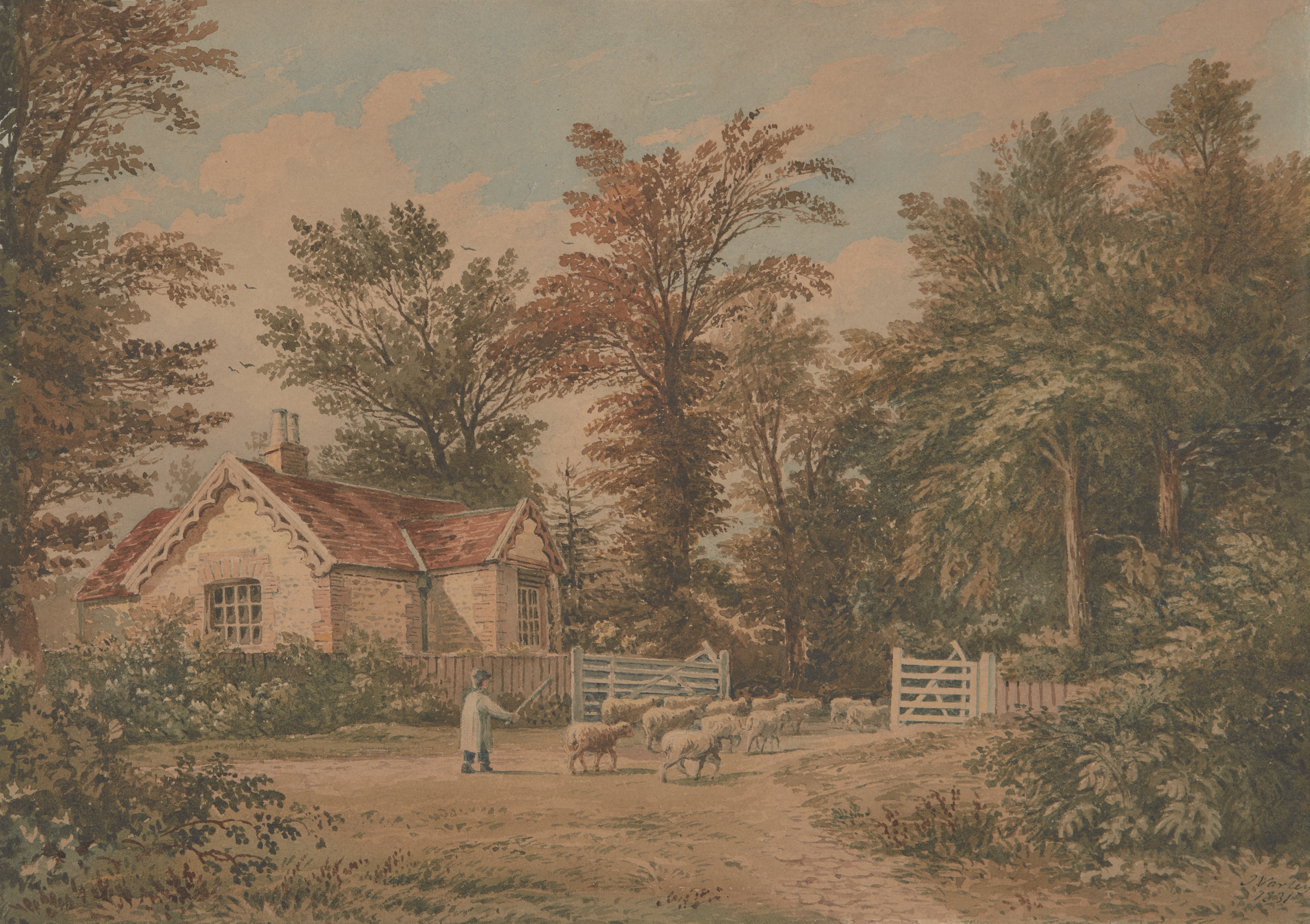 John Varley, OWS,  British 1778-1842-  Herding sheep through a gatehouse, Polesden Lacey;  wate...