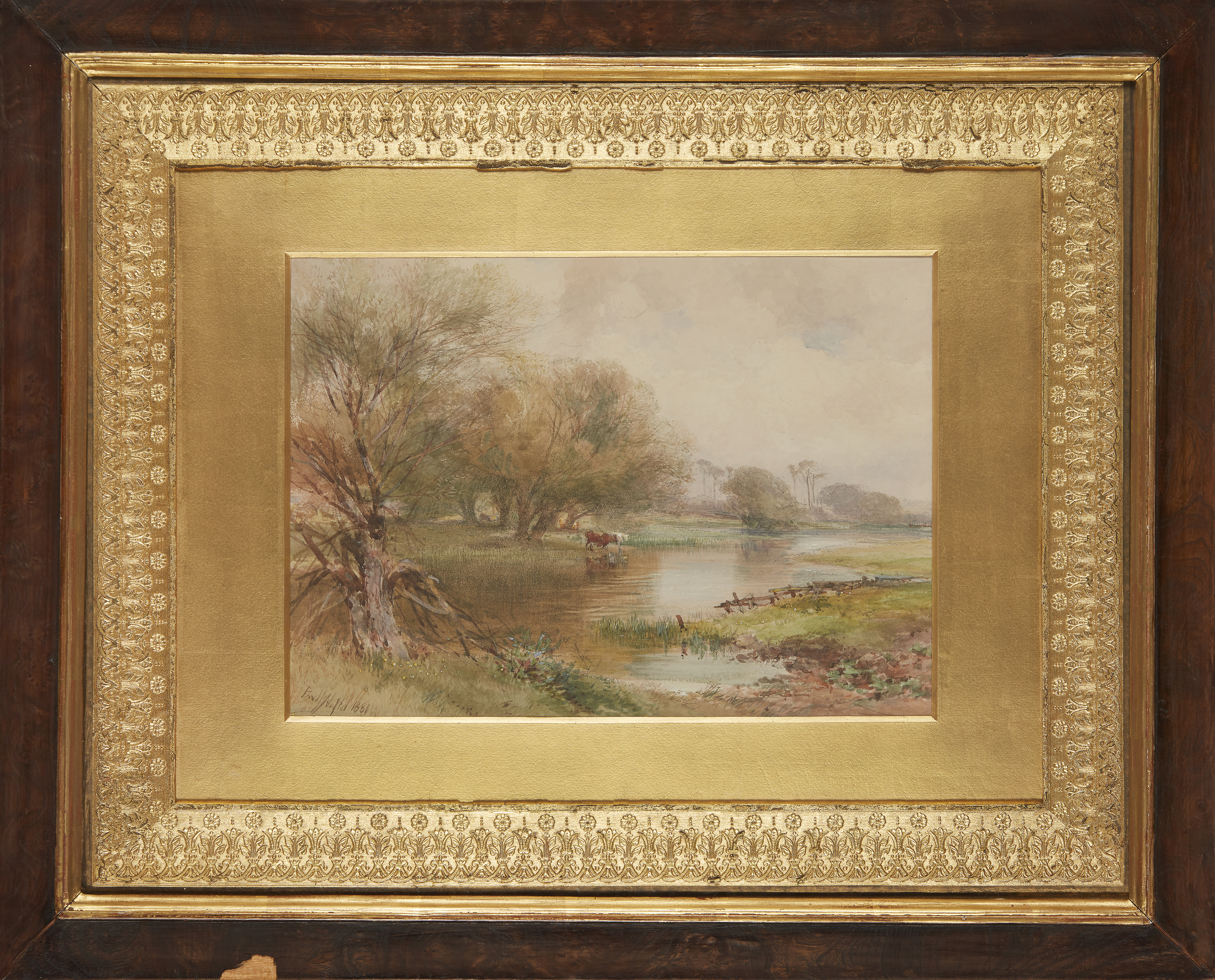 Paul Jacob Naftel, RWS,  British 1817-1891-  A wooded river landscape with cattle watering;  pe... - Image 2 of 3