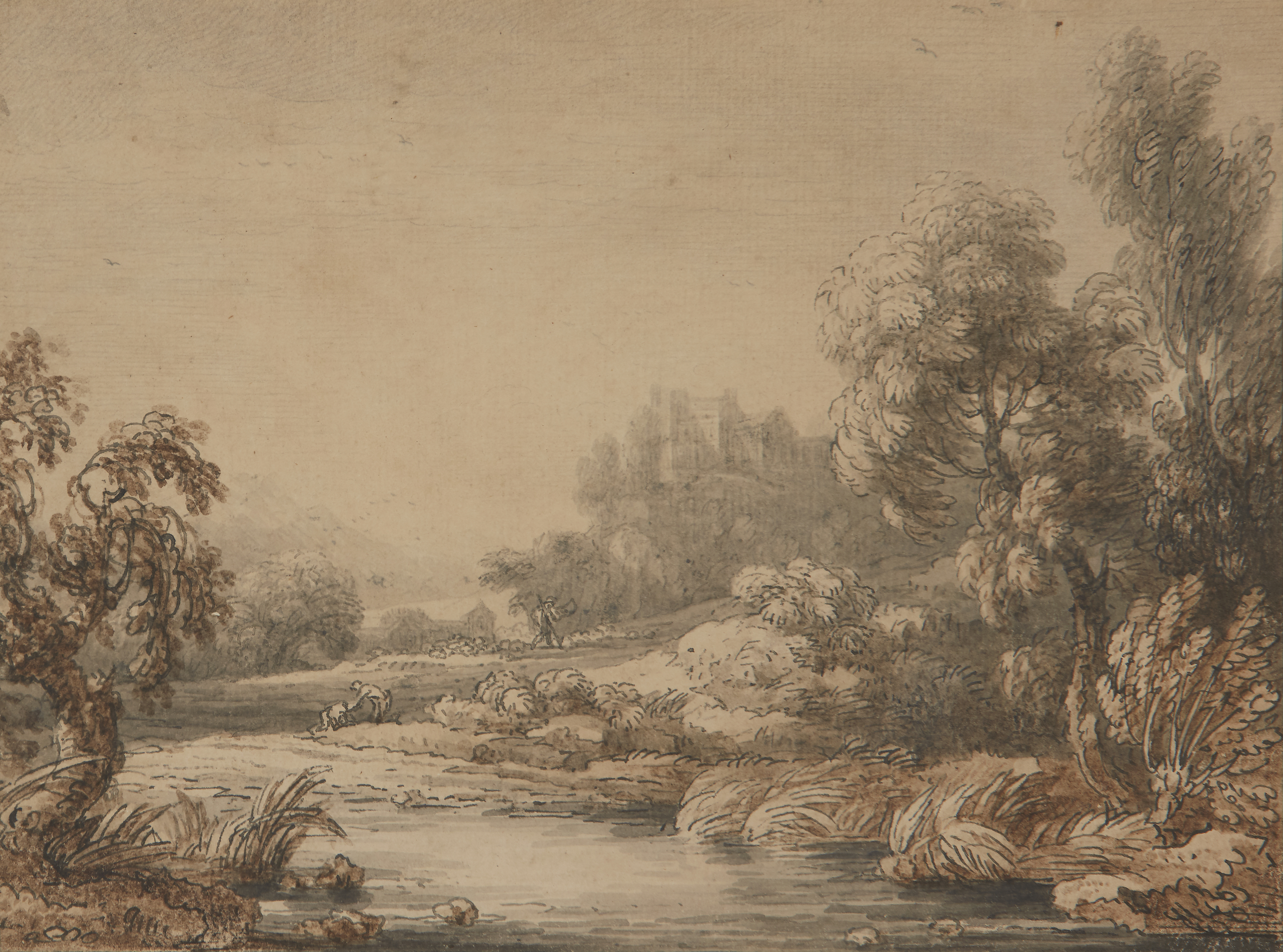 Jean-Baptiste Claude Chatelain,  British / French 1710-1758-  River landscape with figures and a...