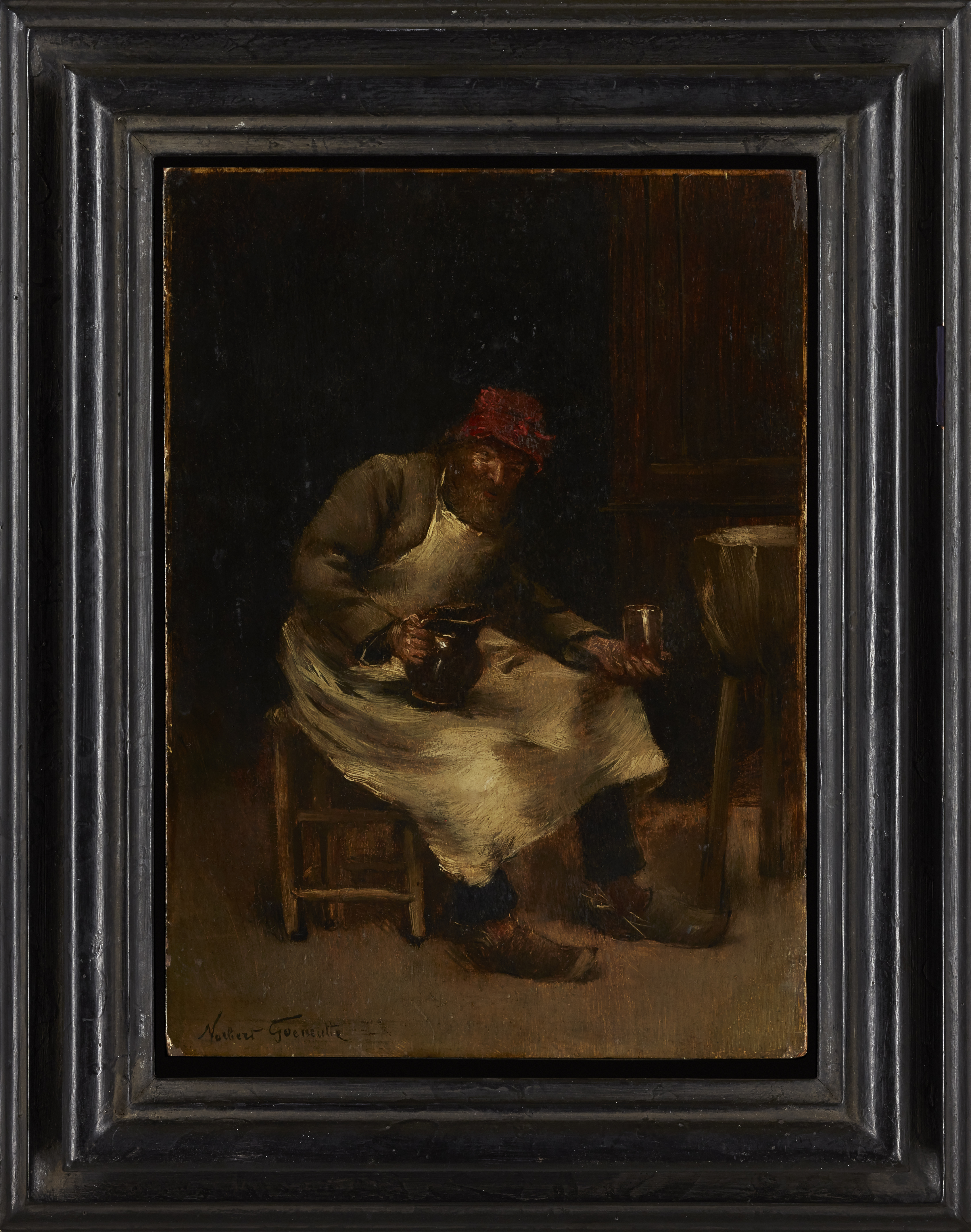 Norbert Goeneutte,  French 1854-1894-  A seated man, wearing a red hat and white apron, holding ... - Image 2 of 4