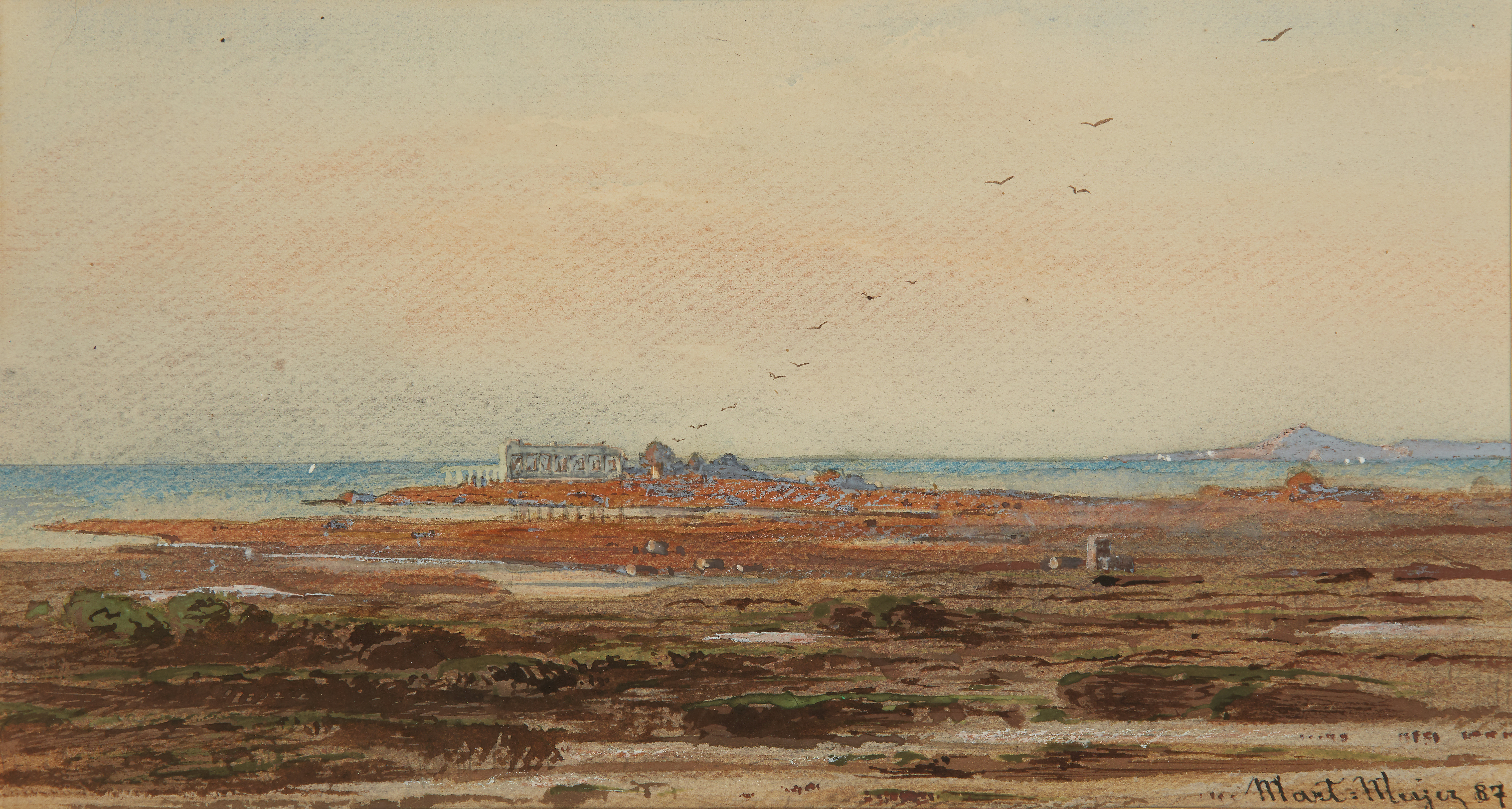 Martin Meyer,  Austrian 1821-1897-  A coastal view with a temple;  coloured chalk and watercolo...