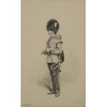 Jean-Baptiste-Édouard Detaille,  French 1848-1912-  A Grenadier Guard playing the fife;  pen an...