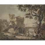 After Paul Sandby, RA,  British 1731-1809-  A fortified bridge in a river landscape;  pen, ink,...