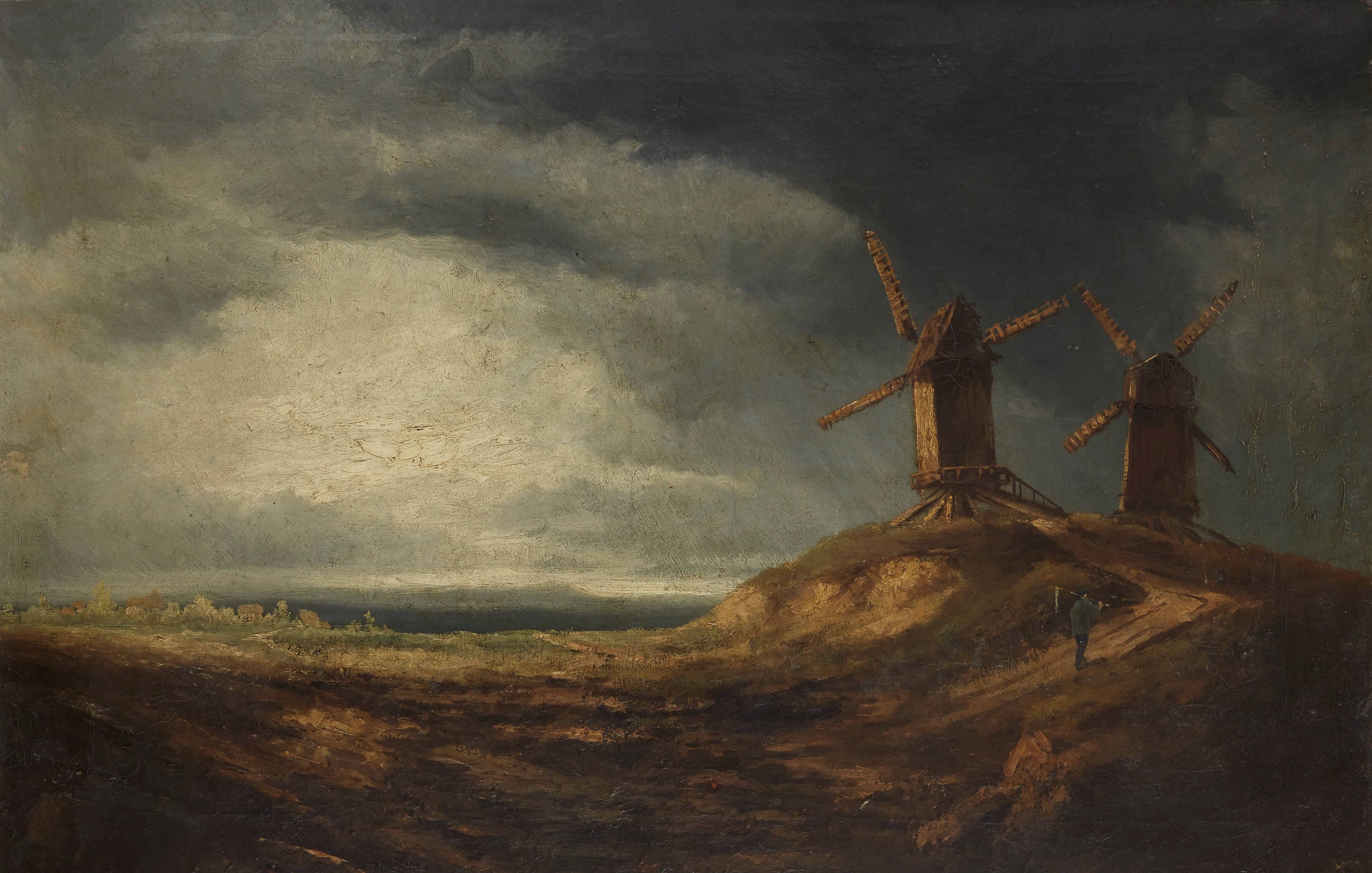 Georges Michel,  French 1763-1843-  A dune landscape with windmills;  oil on canvas, bears sign...