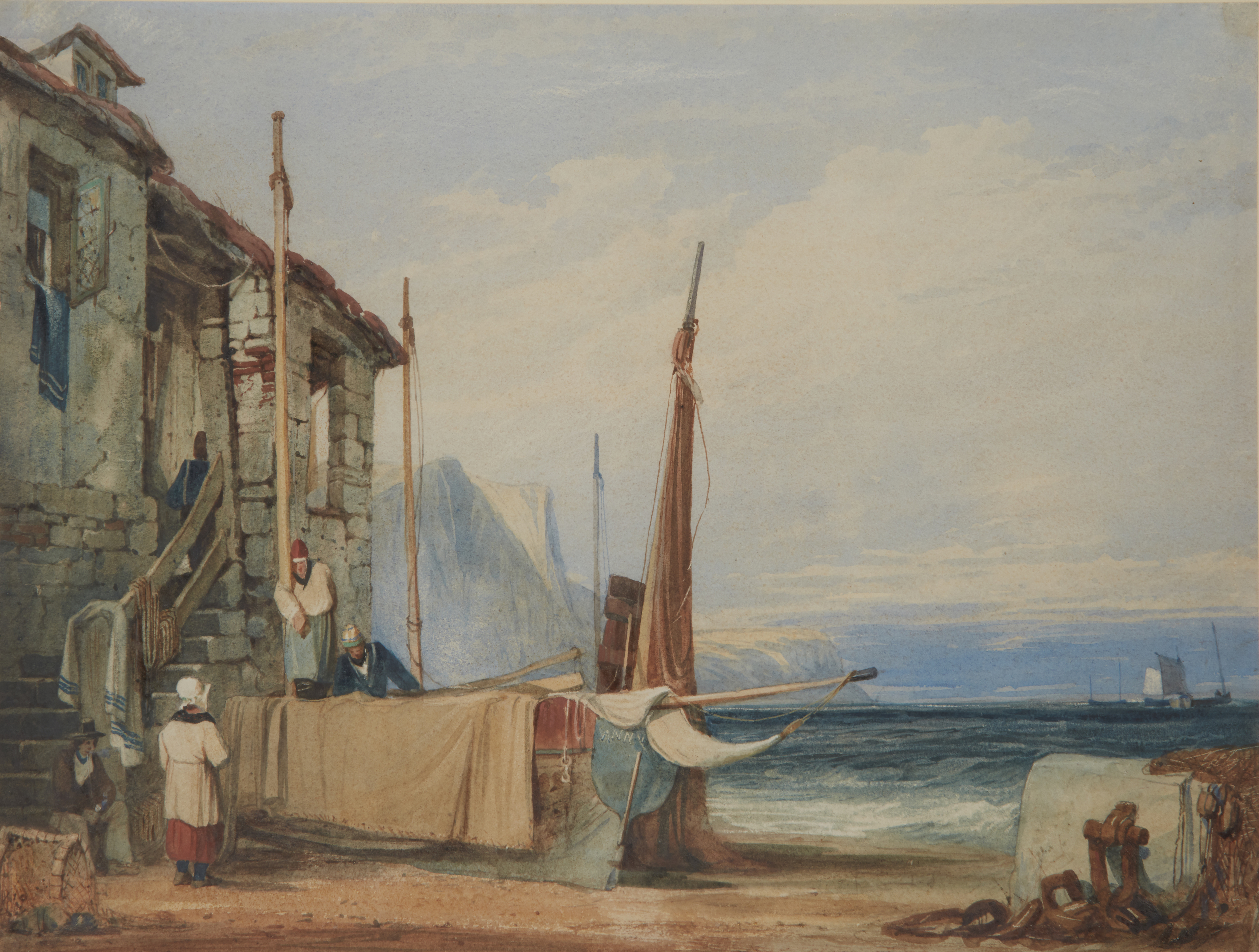 Samuel Prout, OWS,  British 1783-1852-  Fishermen mending sails;  watercolour heightened with w...