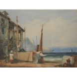 Samuel Prout, OWS,  British 1783-1852-  Fishermen mending sails;  watercolour heightened with w...