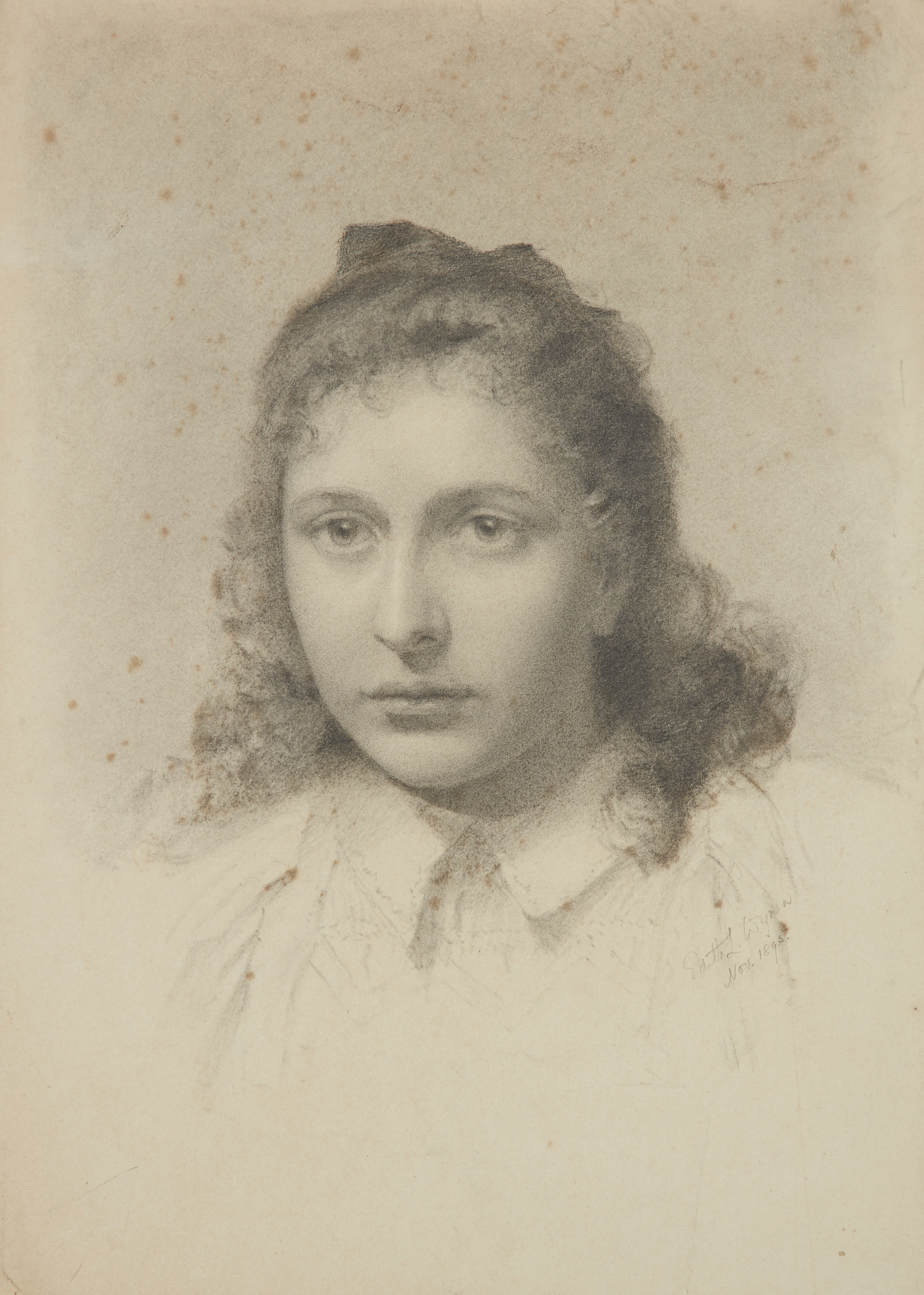 Edith L. Wynn,  British, late 19th century-  Portrait of a girl, head and shoulders, wearing a c...