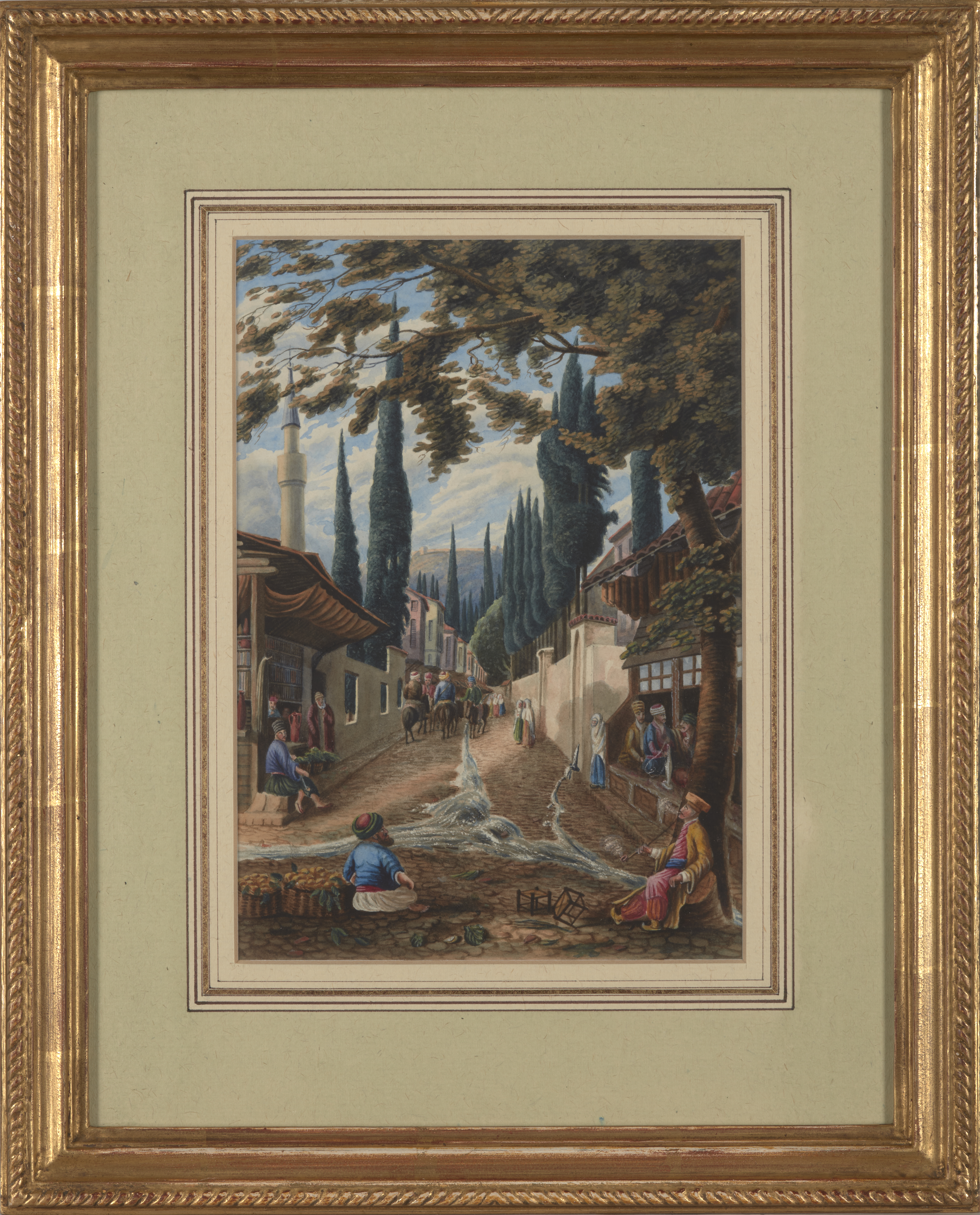 Turkish School,  19th century-  A tree-lined street scene with figures and horses, a mountainous... - Image 2 of 3