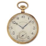 Swiss. An 18ct gold keyless wind open face pocket watch, Circa 1910