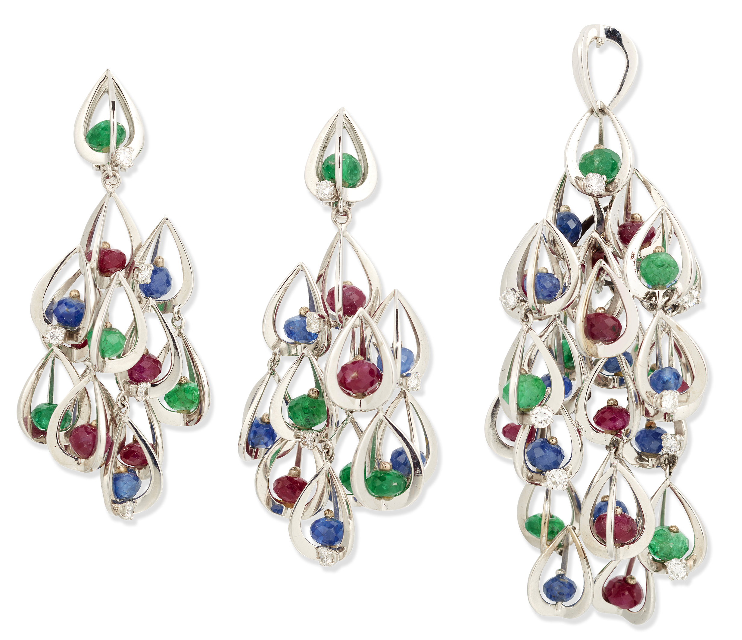 An 18ct white gold diamond and gem-set pendant and earrings suite,