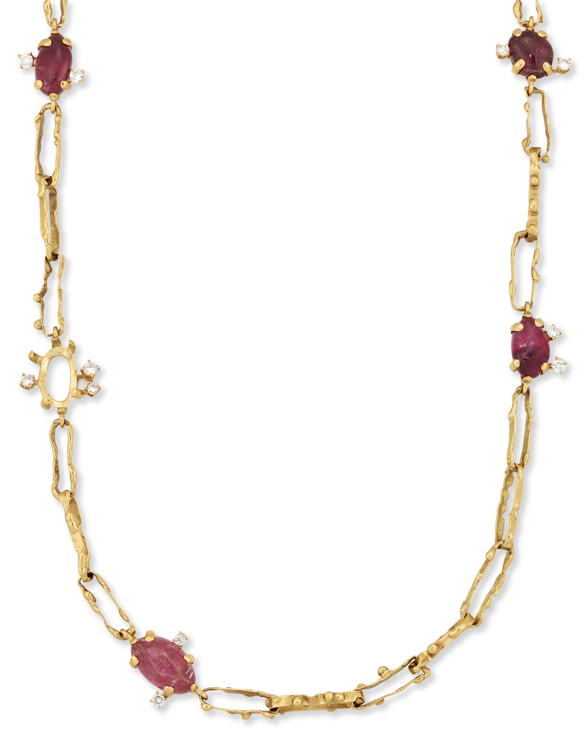 A pink tourmaline and diamond neckchain, a series of claw-set pink tourmaline cabochons (one defi...