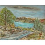European School,  20th century-  Landscape with a river and trees;  oil on card, signed indist...