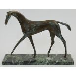 British School, 20th century, a modernist green patinated bronze model of a horse, unsigned, on v...