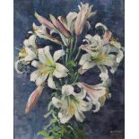 Muriel Mennell,  British 20th century-  Lillies;  oil on board, signed 'M. MENNELL' (lower rig...