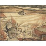 David Burliuk,  Russian 1882-1967-  Untitled (Harbour scene), 1925;  pastel, charcoal, ink, and...