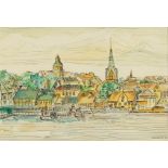 Schrader,  German, mid-20th century-  Boats at a mooring, 1969;  pen and watercolour on paper, ...