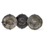 Three WMF pewter plates, c.1905, each decorated with the head of an Art Nouveau maiden, unmarked,...