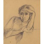 European School,  early-mid 20th century-  Portrait of a woman quarter-length leaning on her ar...