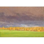 Russian School,  mid-late 20th century -  View over fields of the edge of a forest with a blue ...