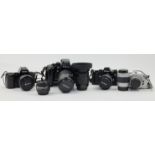 A group of Nikon cameras and lenses, to include: an F3 SLR camera no. 1577447, with third party T...