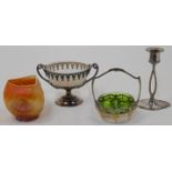 A group of objects of vertu, to include a WMF silver plated candlestick, 17cm high, an Art Nouvea...