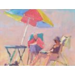 British School,  late 20th century-  Figures in deck chairs, on the beach;  oils on canvas on b...