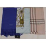 An Asprey silk scarf, with tassel design, 85 x 87cm; together with three Burberry cashmere scarve...