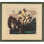 Lilly Keller,  Swiss 1929-2018-  Couple embracing beneath a tree;  linocut, signed, dated '70'...