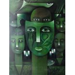 Clemente Segrera,  Cuban b.1951-  Green faces, 2018;    oil on canvas, signed and dated lower le...