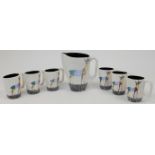 A Continental ceramic pitcher and six cups, second half 20th century, black glazed interiors, dec...