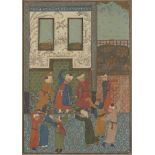 A Turkman-style miniature painting of dervishes in a shrine, Iran, 19th century, gouache on paper...