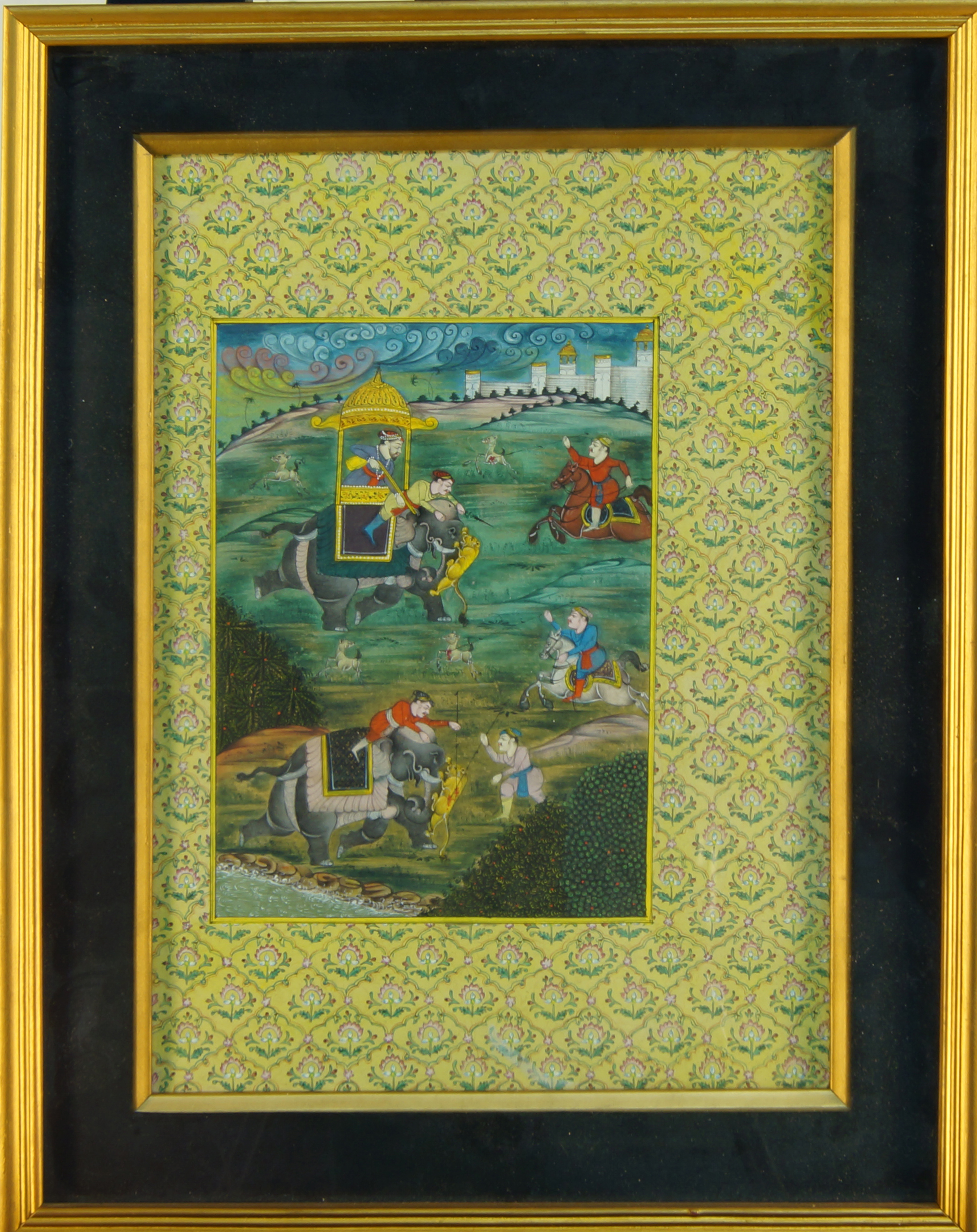 A Persian miniature painting, early 20th century, depicting a hunting scene with nobles riding el... - Image 2 of 2