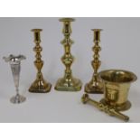 A group of metalware, 19th century and later, to include a brass pestle and mortar, the mortar 10...