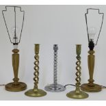 A group of lighting and candlesticks, to include a pair of barley twist brass candlesticks, 30cm ...