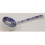An English ornithological pearlware blue and white transfer printed sauce ladle, late 18th / earl...