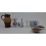A mixed collection of ceramics and glass, to include an opaque white glass twin handled baluster ...
