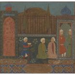 A Turkmen-style painting of visitors at a shrine, Iran, 19th century, gouache on paper heightened...