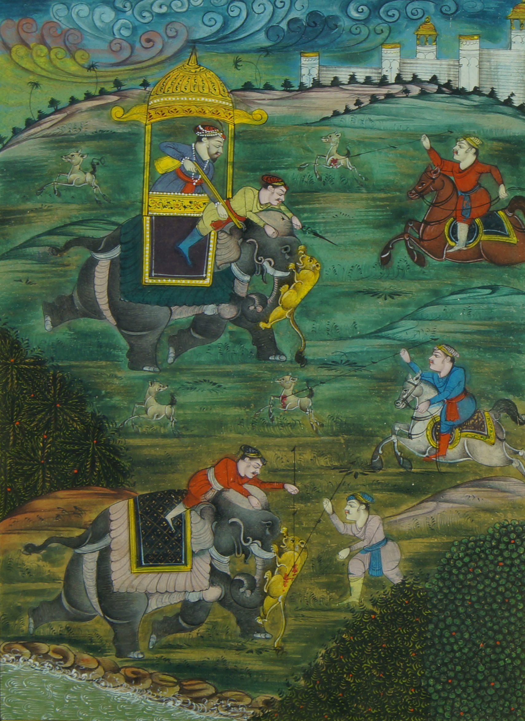 A Persian miniature painting, early 20th century, depicting a hunting scene with nobles riding el...